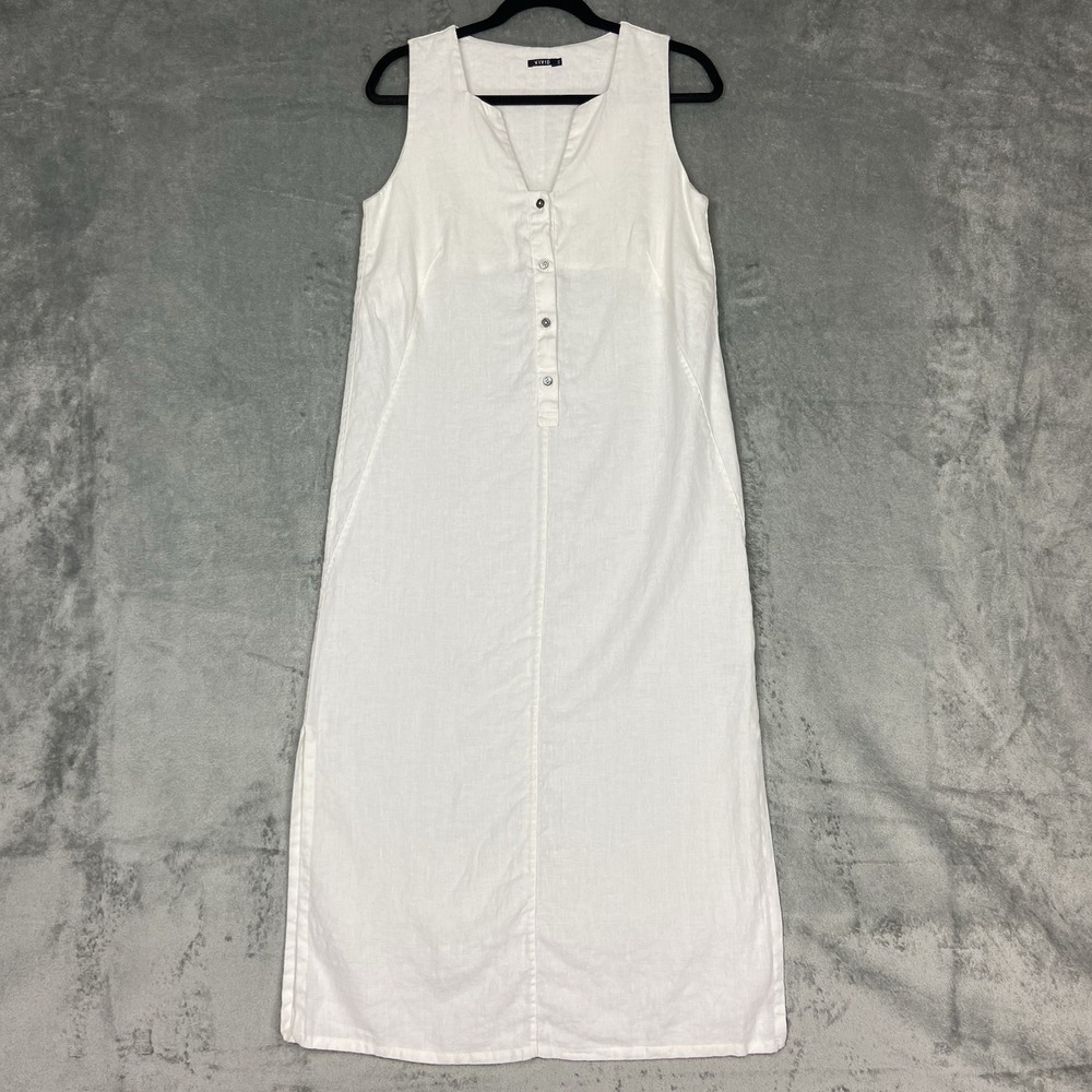 Vivid Dress Womens Sz XS Ivory Linen Midi Column Popover Old Money Classic Slits